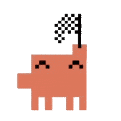 Pixel creature waving a chequered flag.