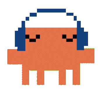 Pixel creature wearing headphones, listening.